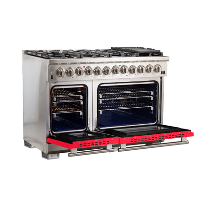 Forno Capriasca 48-Inch Freestanding Dual Fuel Range, 8 Burners, True Convection Oven, Red Doors FORNO
