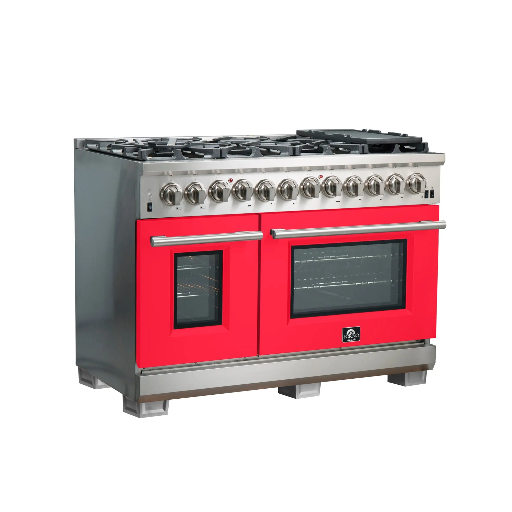 Forno Capriasca 48-Inch Freestanding Dual Fuel Range, 8 Burners, True Convection Oven, Red Doors FORNO