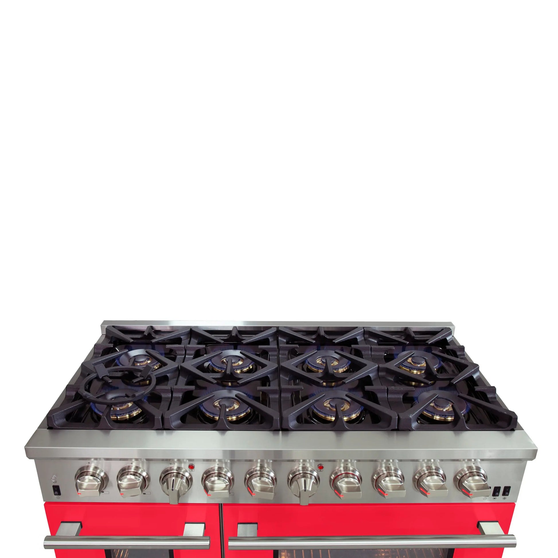 Forno Capriasca 48-Inch Freestanding Dual Fuel Range, 8 Burners, True Convection Oven, Red Doors FORNO