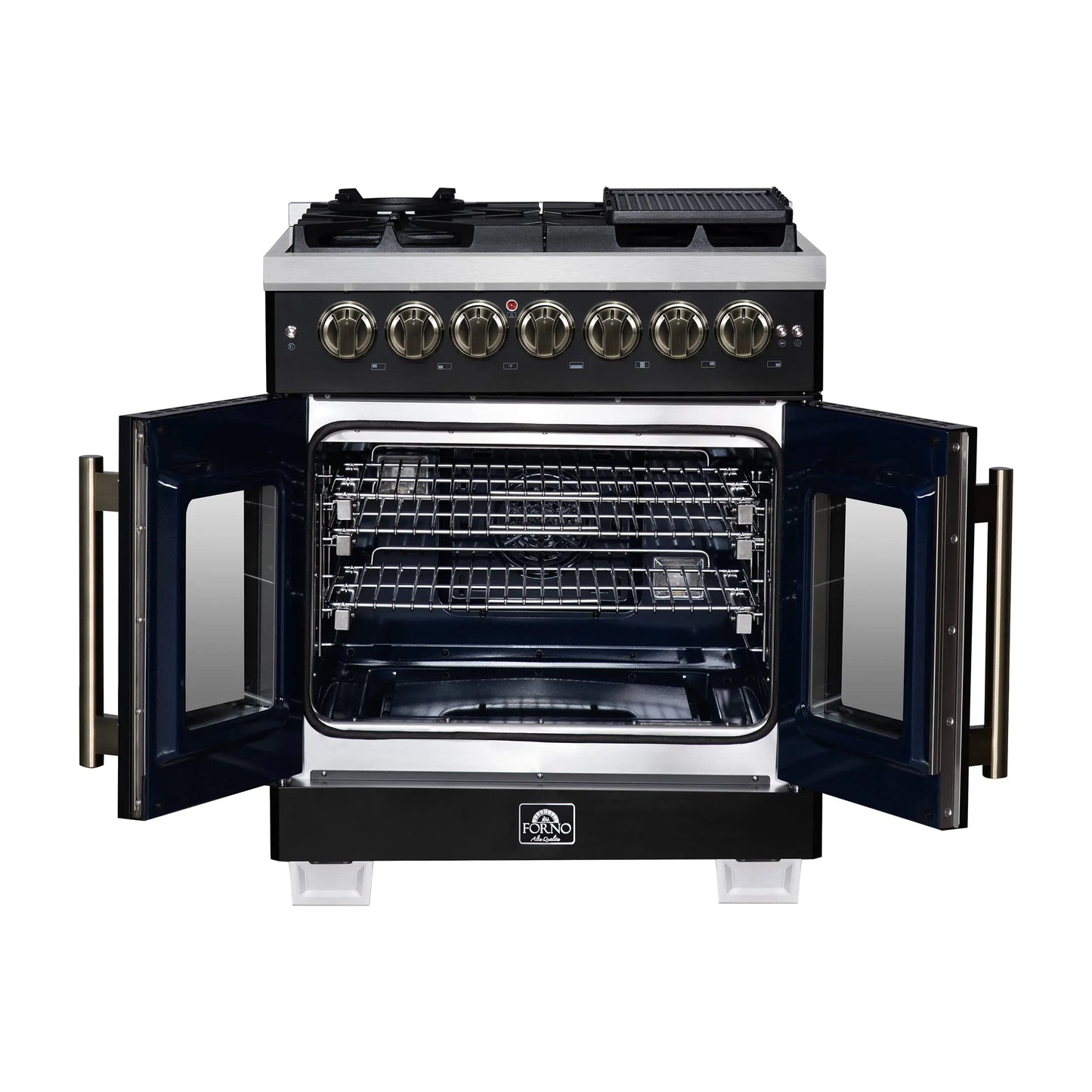 Forno Capriasca 30-Inch Freestanding French Door Dual Fuel Range in Black with Antique Brass Accessories, 5 Burners, True Convection Oven FORNO