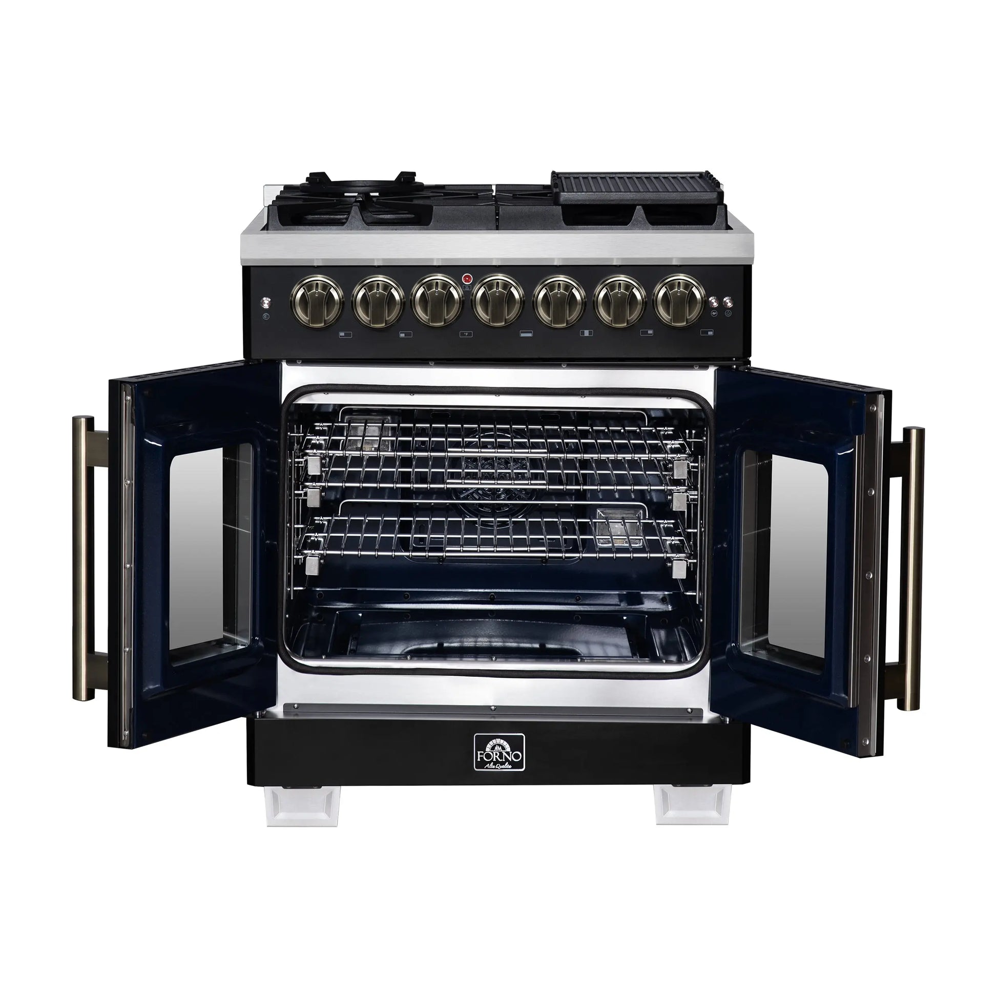 Forno Capriasca 30-Inch Freestanding French Door Dual Fuel Range in Black with Antique Brass Accessories, 5 Burners, True Convection Oven FORNO