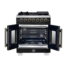 Forno Capriasca 30-Inch Freestanding French Door Dual Fuel Range in Black with Antique Brass Accessories, 5 Burners, True Convection Oven FORNO