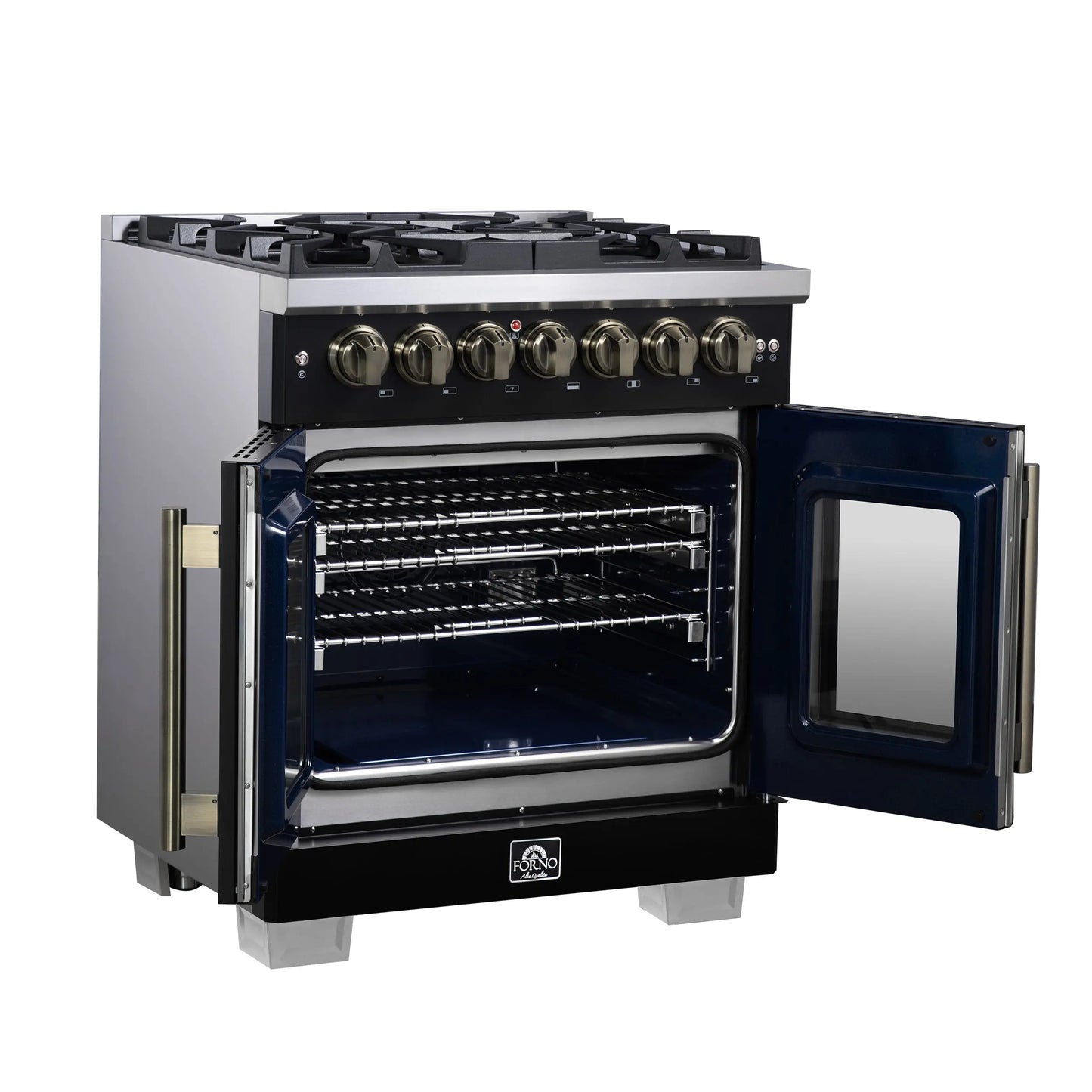 Forno Capriasca 30-Inch Freestanding French Door Dual Fuel Range in Black with Antique Brass Accessories, 5 Burners, True Convection Oven FORNO