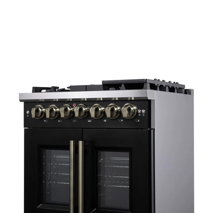Forno Capriasca 30-Inch Freestanding French Door Dual Fuel Range in Black with Antique Brass Accessories, 5 Burners, True Convection Oven FORNO
