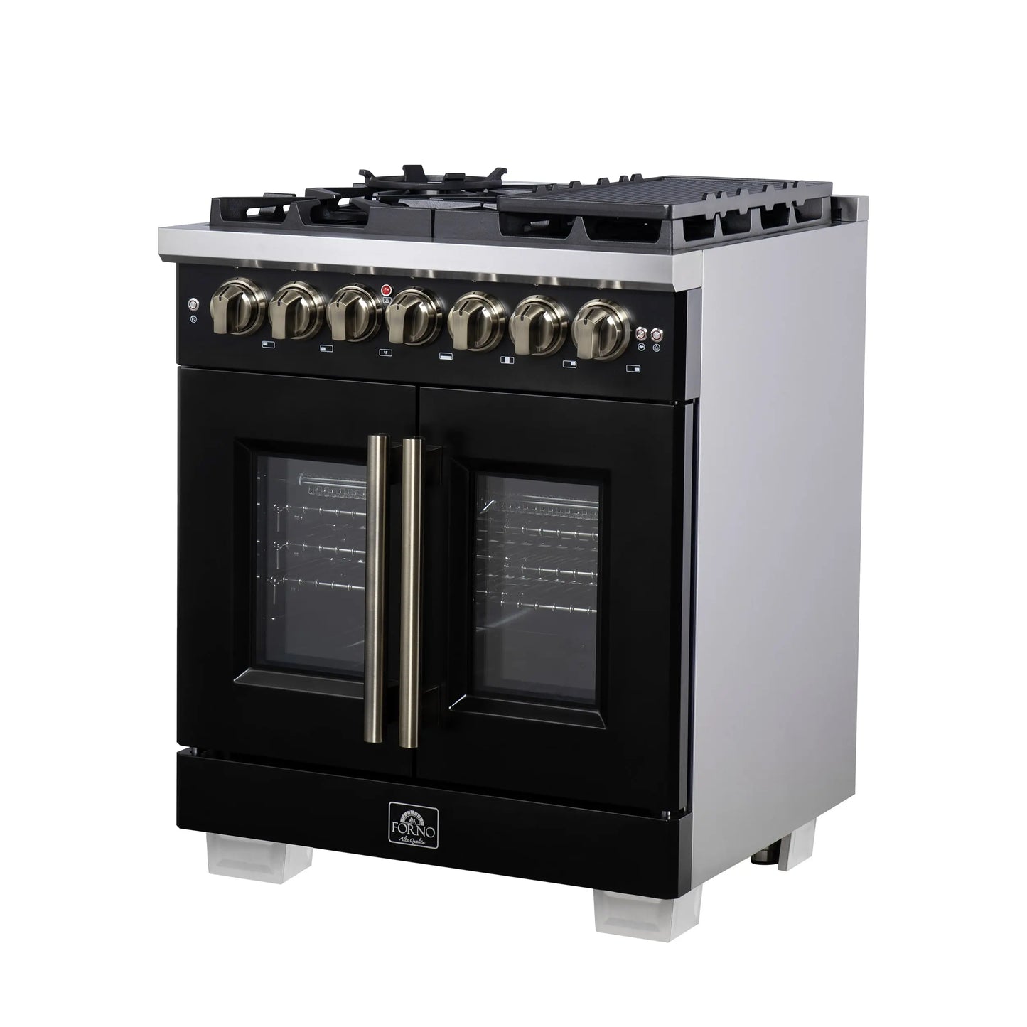 Forno Capriasca 30-Inch Freestanding French Door Dual Fuel Range in Black with Antique Brass Accessories, 5 Burners, True Convection Oven FORNO