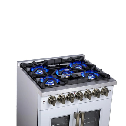 Forno Capriasca 30-Inch Freestanding French Door Dual Fuel Range in White with Antique Brass Accessories, 5 Burners, True Convection Oven FORNO