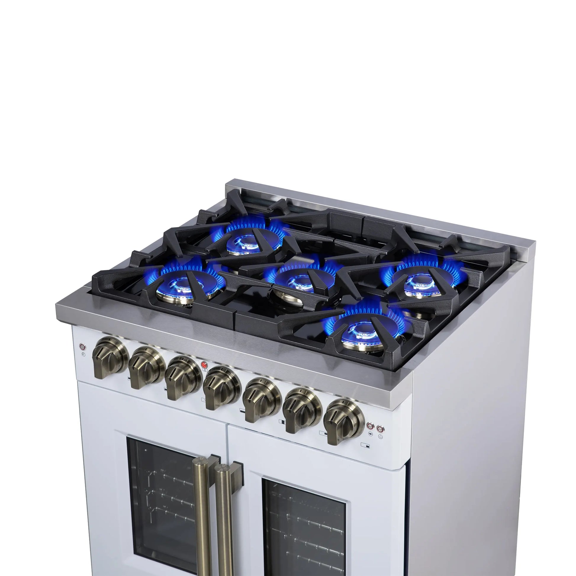 Forno Capriasca 30-Inch Freestanding French Door Dual Fuel Range in White with Antique Brass Accessories, 5 Burners, True Convection Oven FORNO