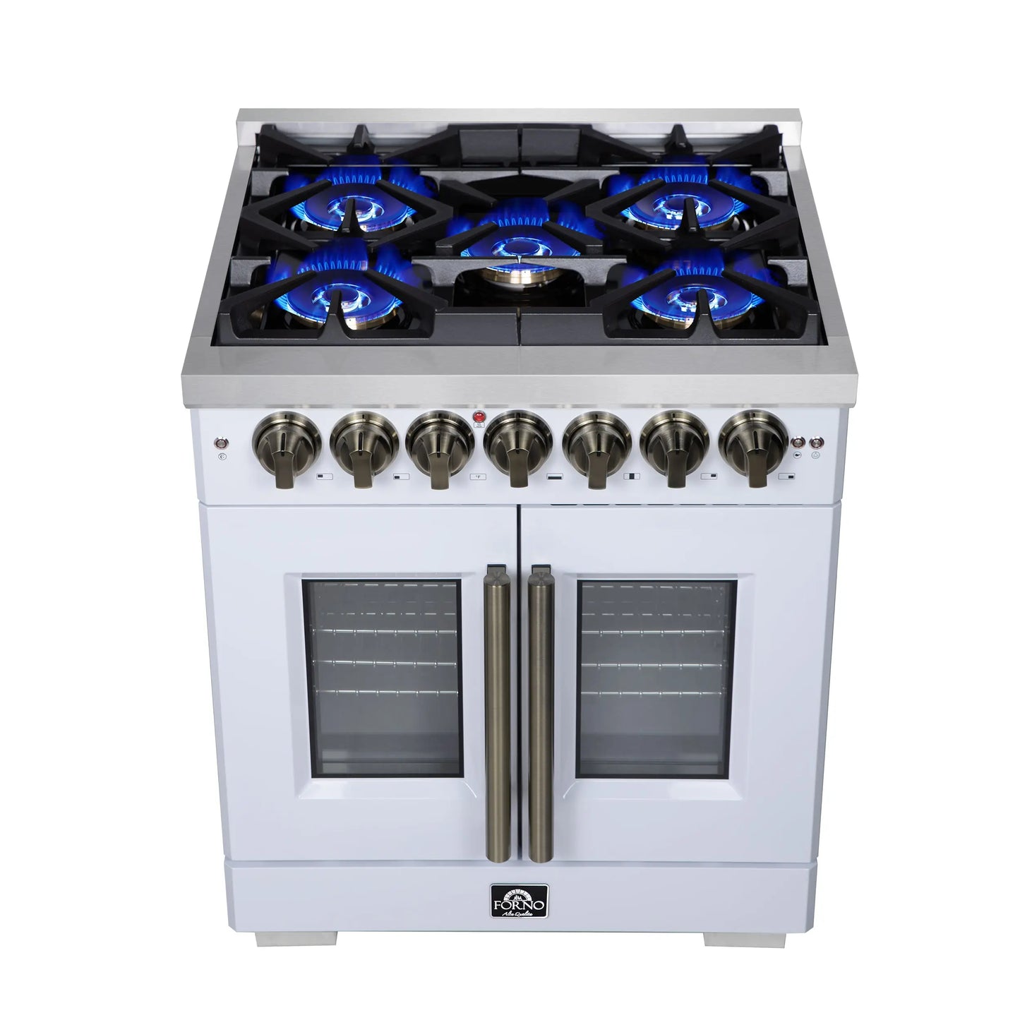 Forno Capriasca 30-Inch Freestanding French Door Dual Fuel Range in White with Antique Brass Accessories, 5 Burners, True Convection Oven FORNO