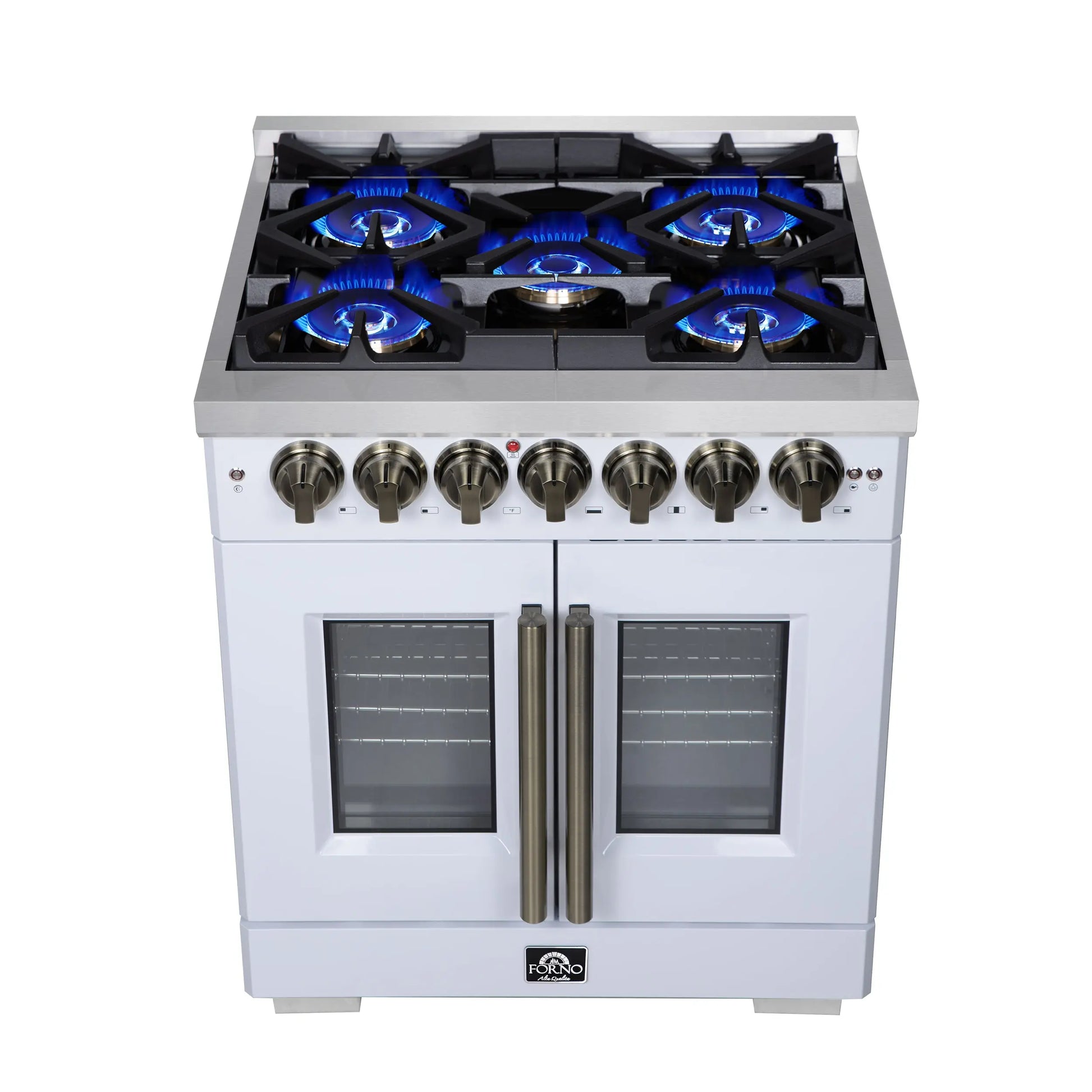 Forno Capriasca 30-Inch Freestanding French Door Dual Fuel Range in White with Antique Brass Accessories, 5 Burners, True Convection Oven FORNO