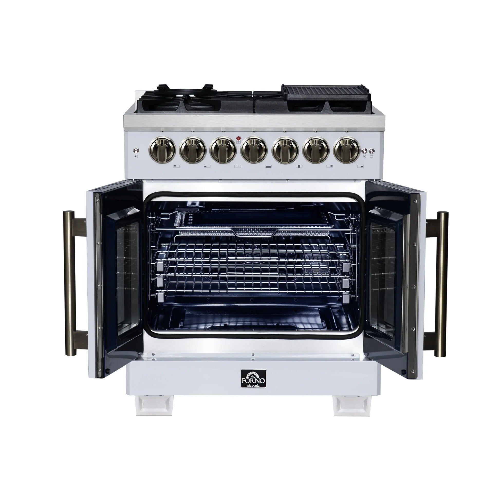 Forno Capriasca 30-Inch Freestanding French Door Dual Fuel Range in White with Antique Brass Accessories, 5 Burners, True Convection Oven FORNO