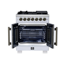 Forno Capriasca 30-Inch Freestanding French Door Dual Fuel Range in White with Antique Brass Accessories, 5 Burners, True Convection Oven FORNO