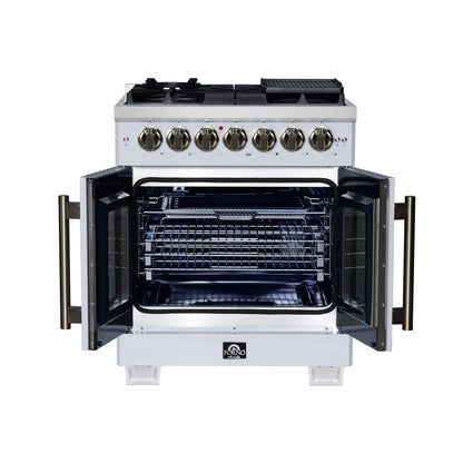 Forno Capriasca 30-Inch Freestanding French Door Dual Fuel Range in White with Antique Brass Accessories, 5 Burners, True Convection Oven FORNO
