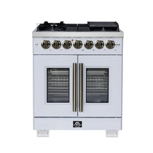 Forno Capriasca 30-Inch Freestanding French Door Dual Fuel Range in White with Antique Brass Accessories, 5 Burners, True Convection Oven FORNO
