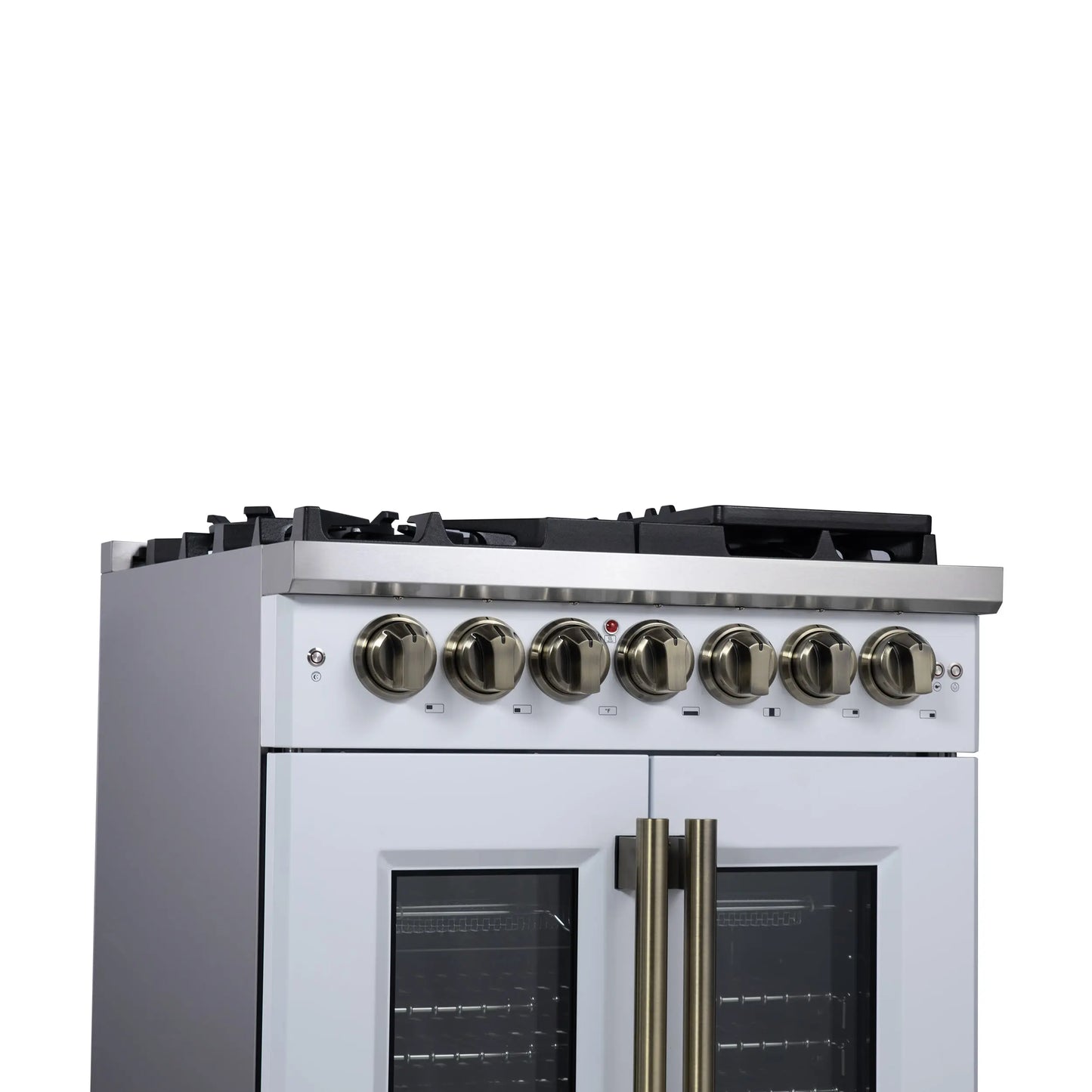 Forno Capriasca 30-Inch Freestanding French Door Dual Fuel Range in White with Antique Brass Accessories, 5 Burners, True Convection Oven FORNO
