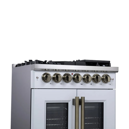Forno Capriasca 30-Inch Freestanding French Door Dual Fuel Range in White with Antique Brass Accessories, 5 Burners, True Convection Oven FORNO