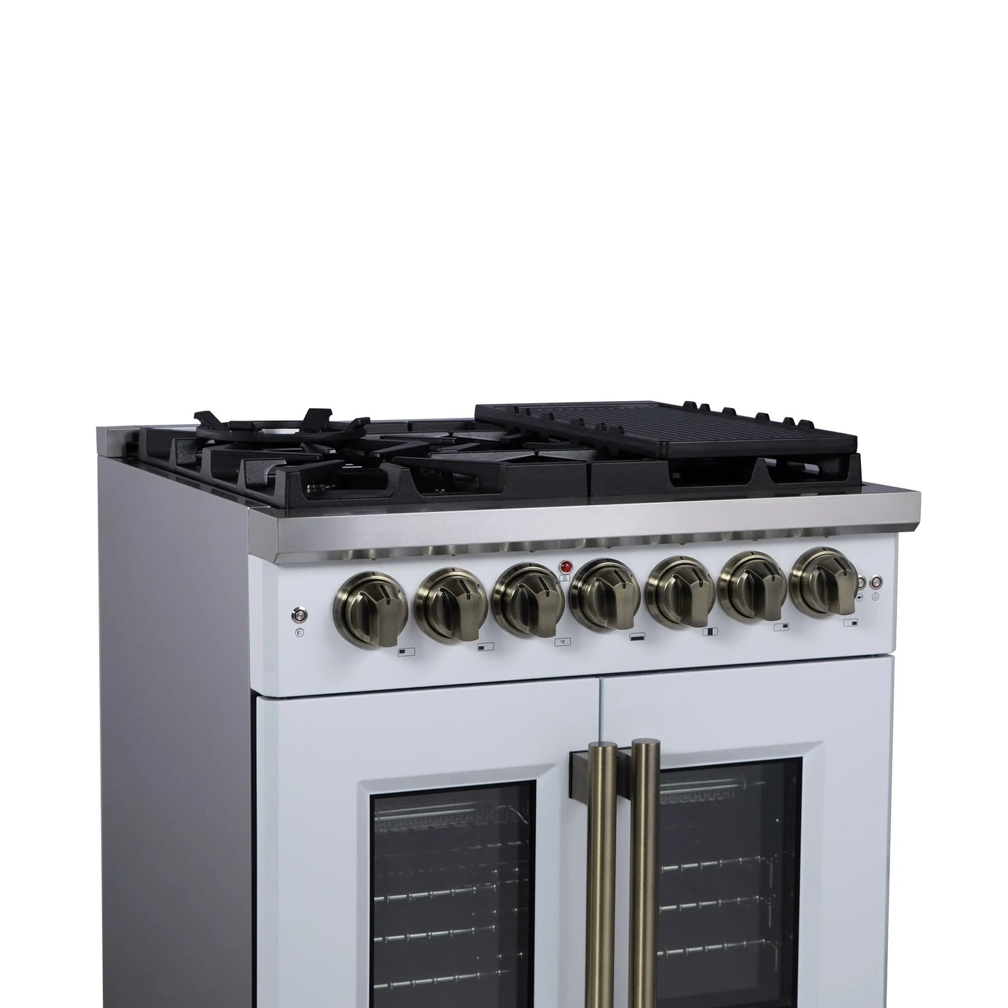 Forno Capriasca 30-Inch Freestanding French Door Dual Fuel Range in White with Antique Brass Accessories, 5 Burners, True Convection Oven FORNO