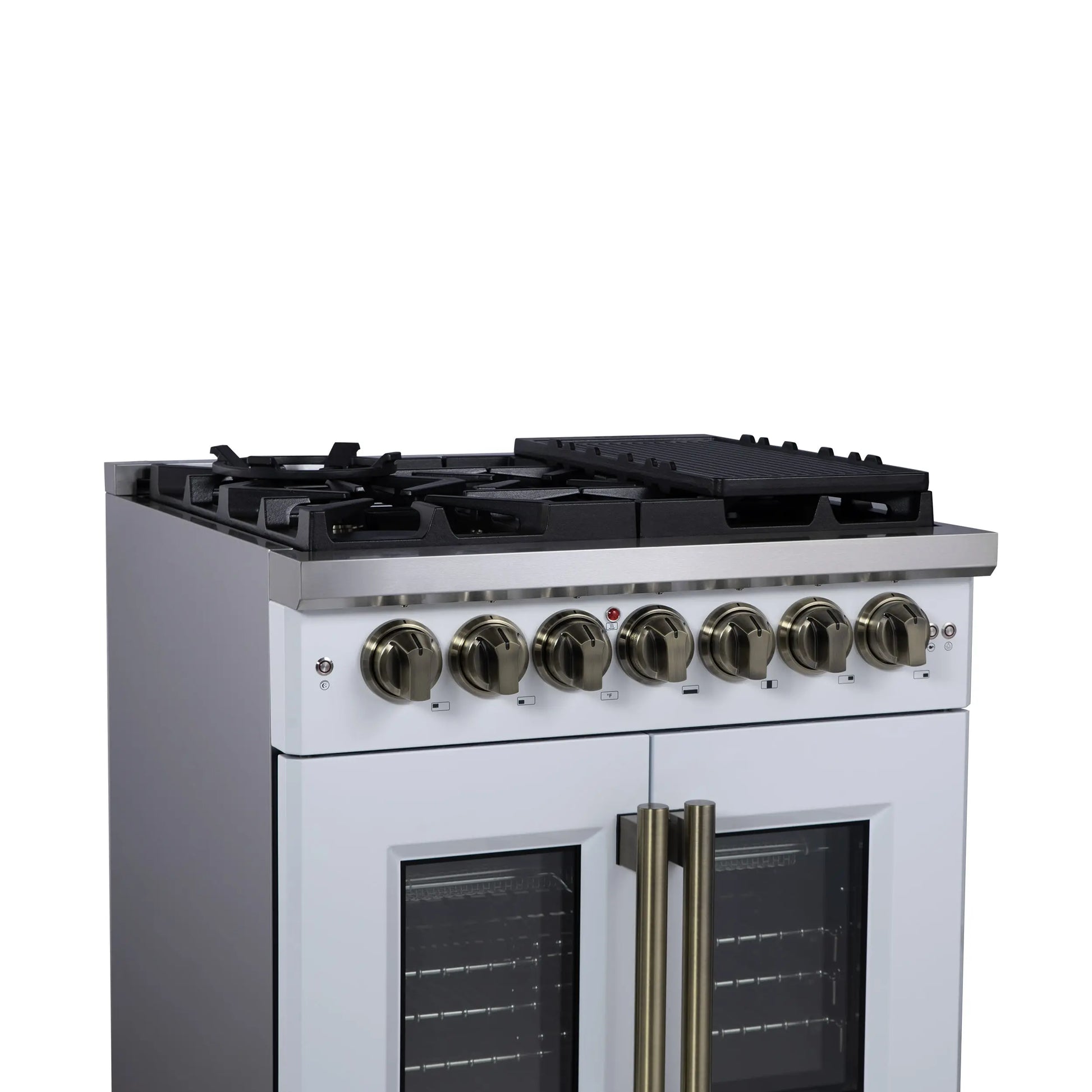 Forno Capriasca 30-Inch Freestanding French Door Dual Fuel Range in White with Antique Brass Accessories, 5 Burners, True Convection Oven FORNO