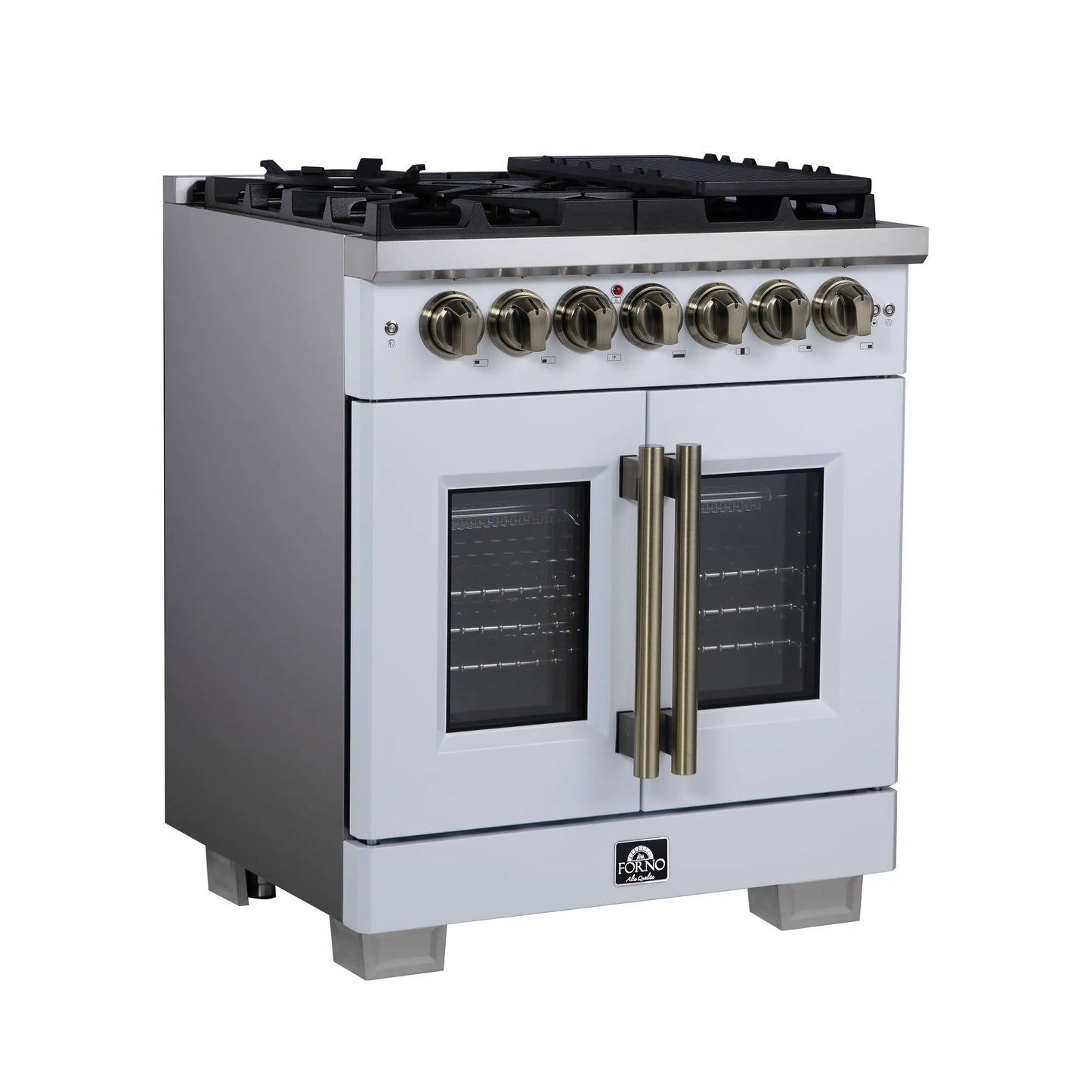 Forno Capriasca 30-Inch Freestanding French Door Dual Fuel Range in White with Antique Brass Accessories, 5 Burners, True Convection Oven FORNO
