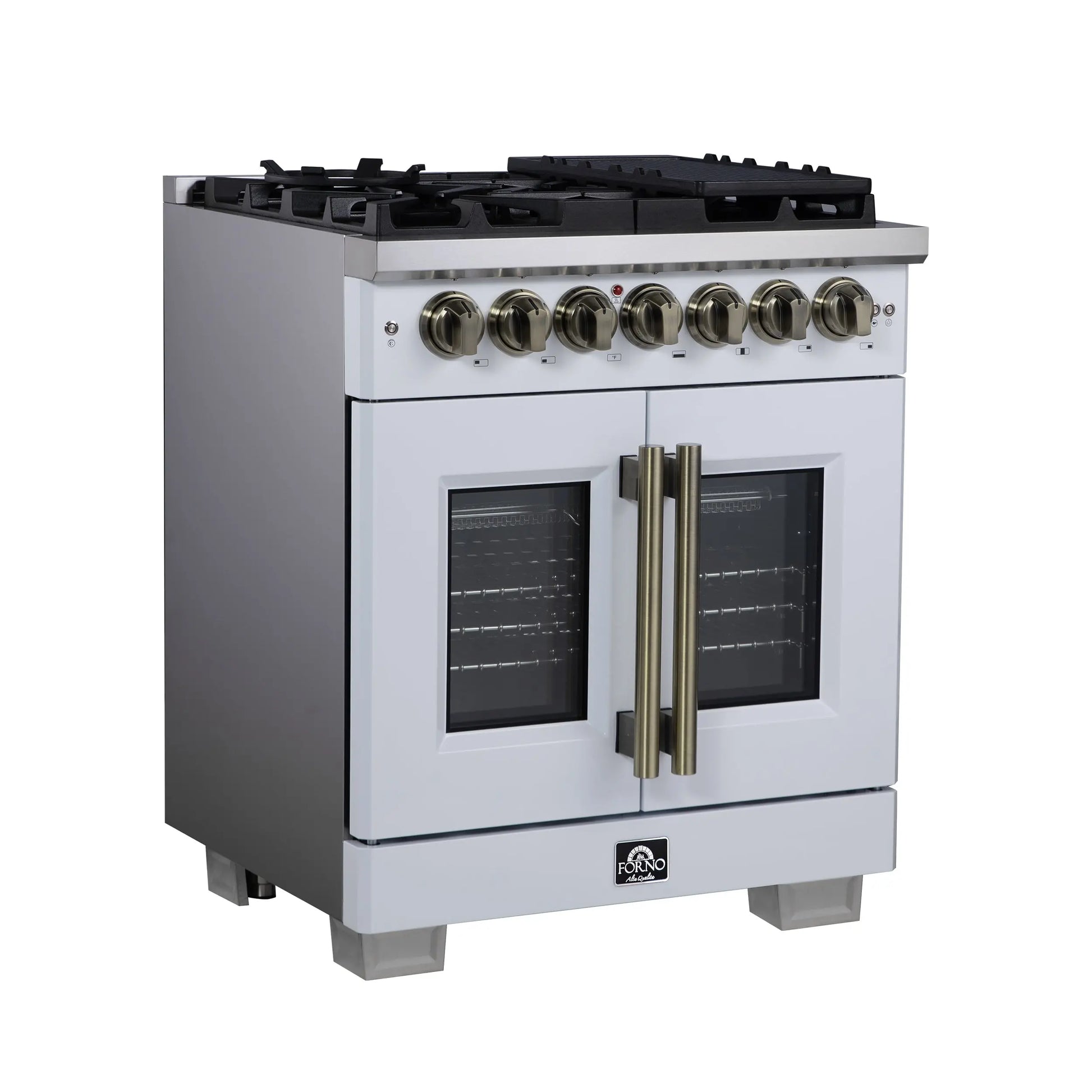 Forno Capriasca 30-Inch Freestanding French Door Dual Fuel Range in White with Antique Brass Accessories, 5 Burners, True Convection Oven FORNO