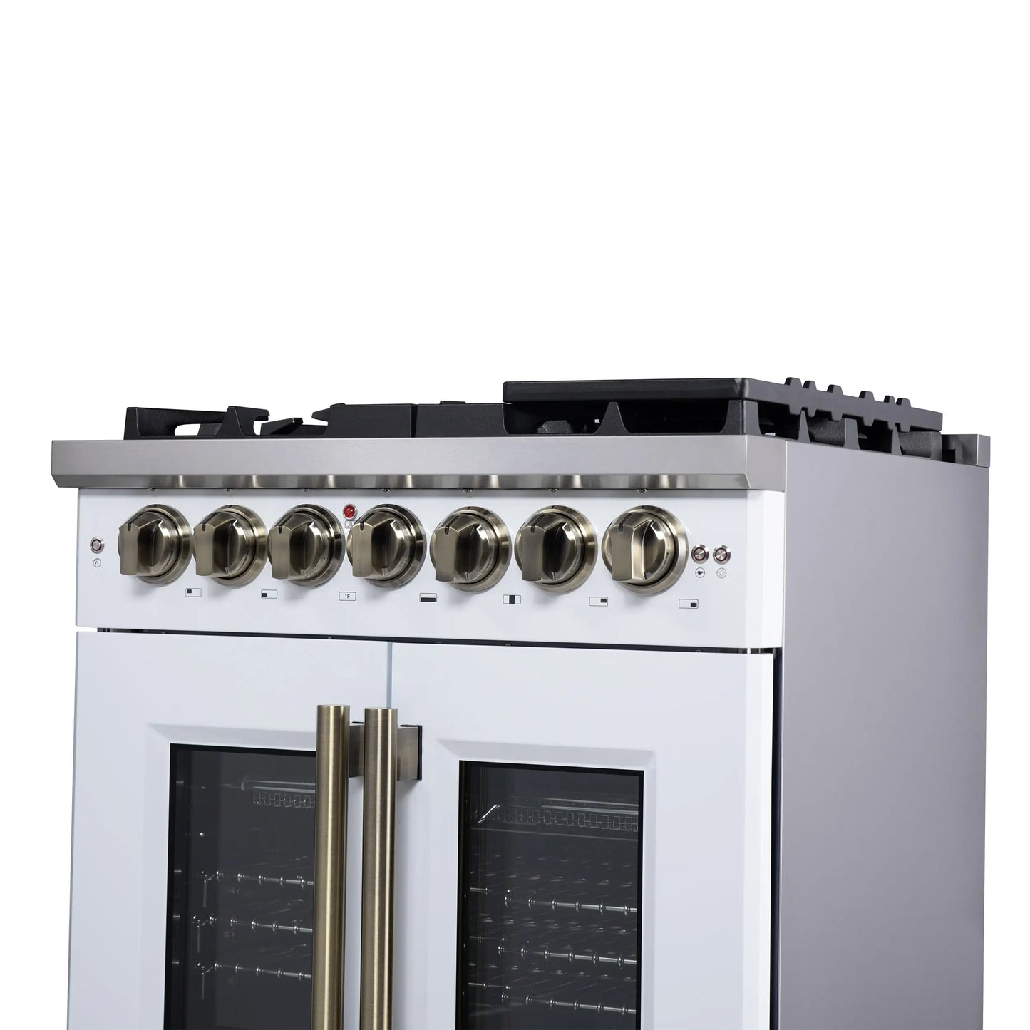 Forno Capriasca 30-Inch Freestanding French Door Dual Fuel Range in White with Antique Brass Accessories, 5 Burners, True Convection Oven FORNO