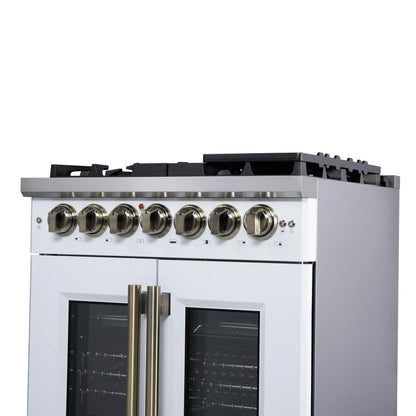 Forno Capriasca 30-Inch Freestanding French Door Dual Fuel Range in White with Antique Brass Accessories, 5 Burners, True Convection Oven FORNO