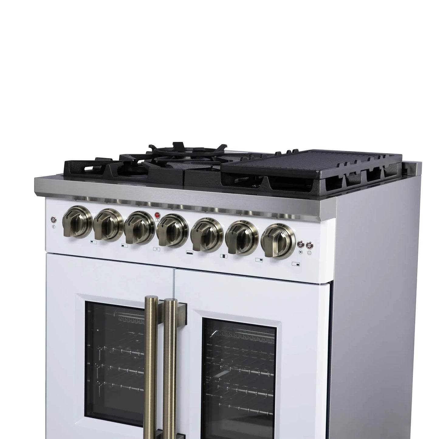 Forno Capriasca 30-Inch Freestanding French Door Dual Fuel Range in White with Antique Brass Accessories, 5 Burners, True Convection Oven FORNO