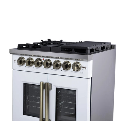 Forno Capriasca 30-Inch Freestanding French Door Dual Fuel Range in White with Antique Brass Accessories, 5 Burners, True Convection Oven FORNO