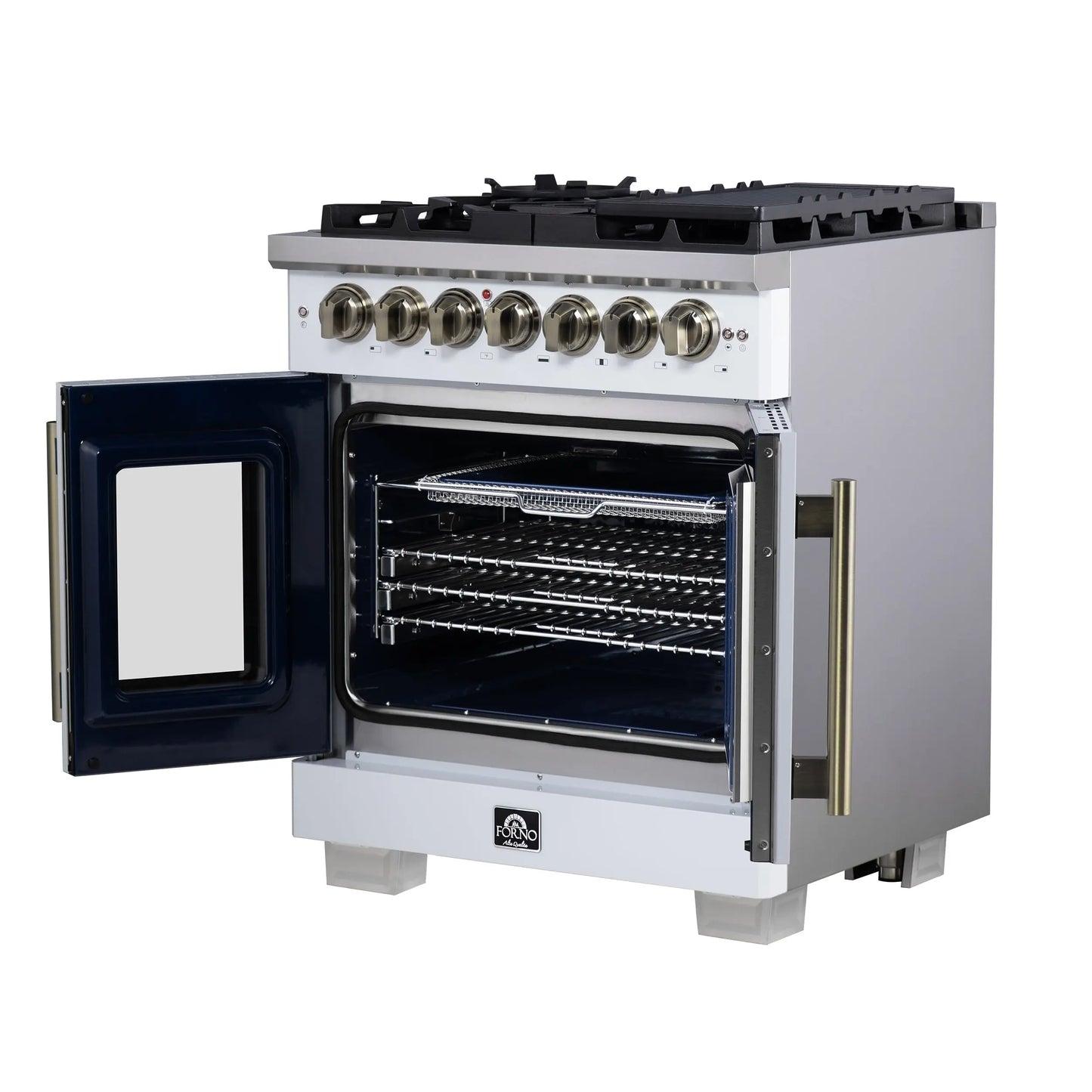 Forno Capriasca 30-Inch Freestanding French Door Dual Fuel Range in White with Antique Brass Accessories, 5 Burners, True Convection Oven FORNO