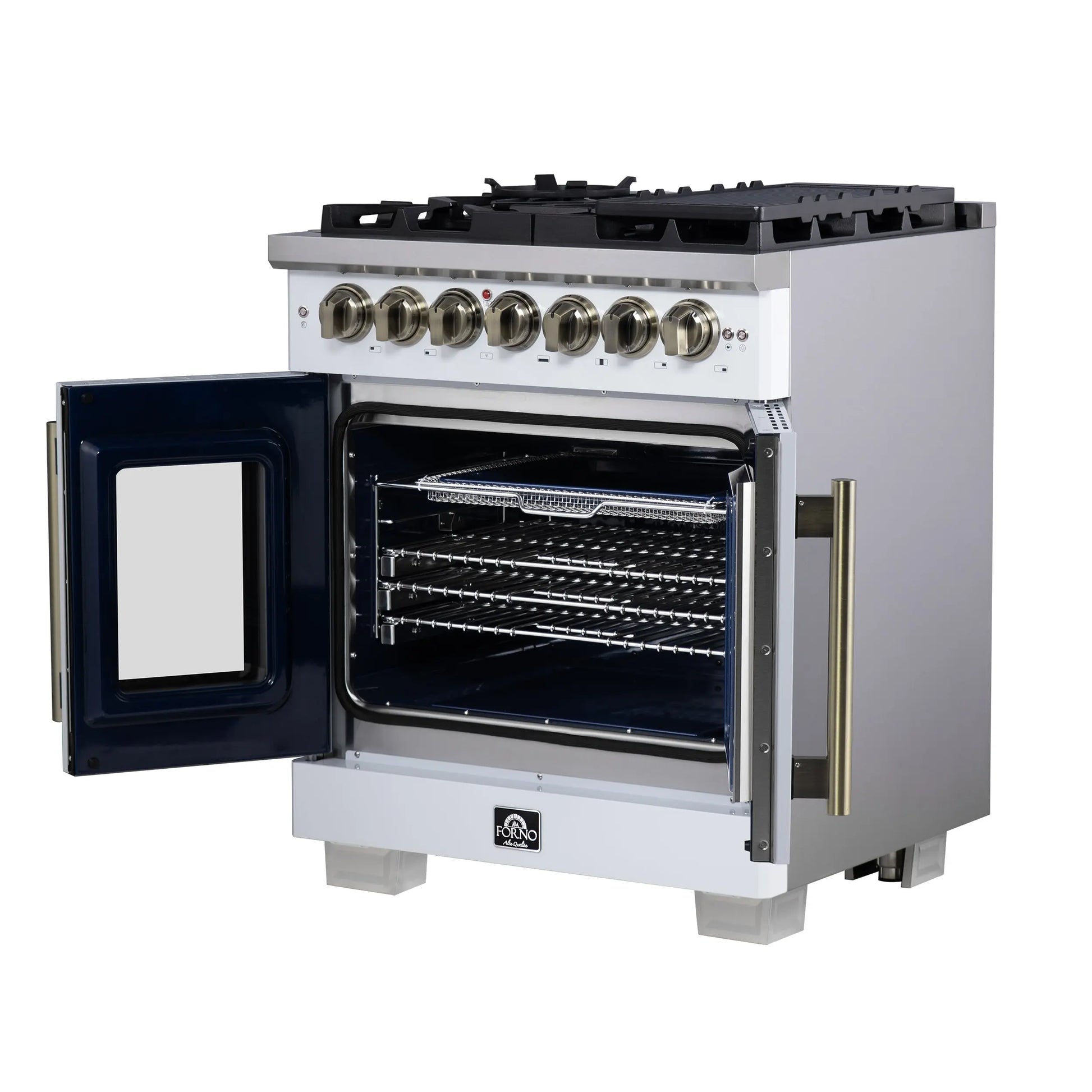 Forno Capriasca 30-Inch Freestanding French Door Dual Fuel Range in White with Antique Brass Accessories, 5 Burners, True Convection Oven FORNO