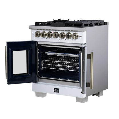 Forno Capriasca 30-Inch Freestanding French Door Dual Fuel Range in White with Antique Brass Accessories, 5 Burners, True Convection Oven FORNO