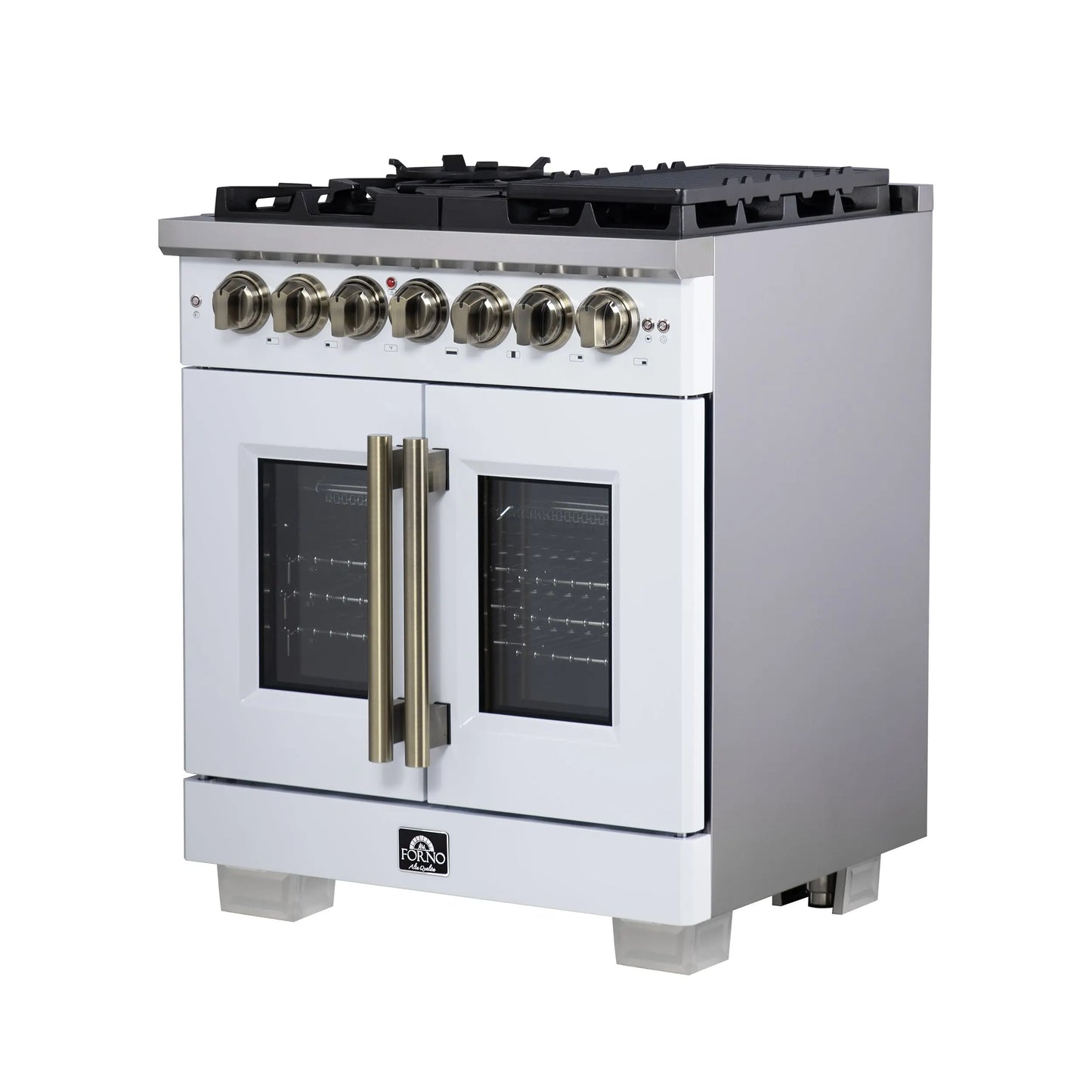 Forno Capriasca 30-Inch Freestanding French Door Dual Fuel Range in White with Antique Brass Accessories, 5 Burners, True Convection Oven FORNO