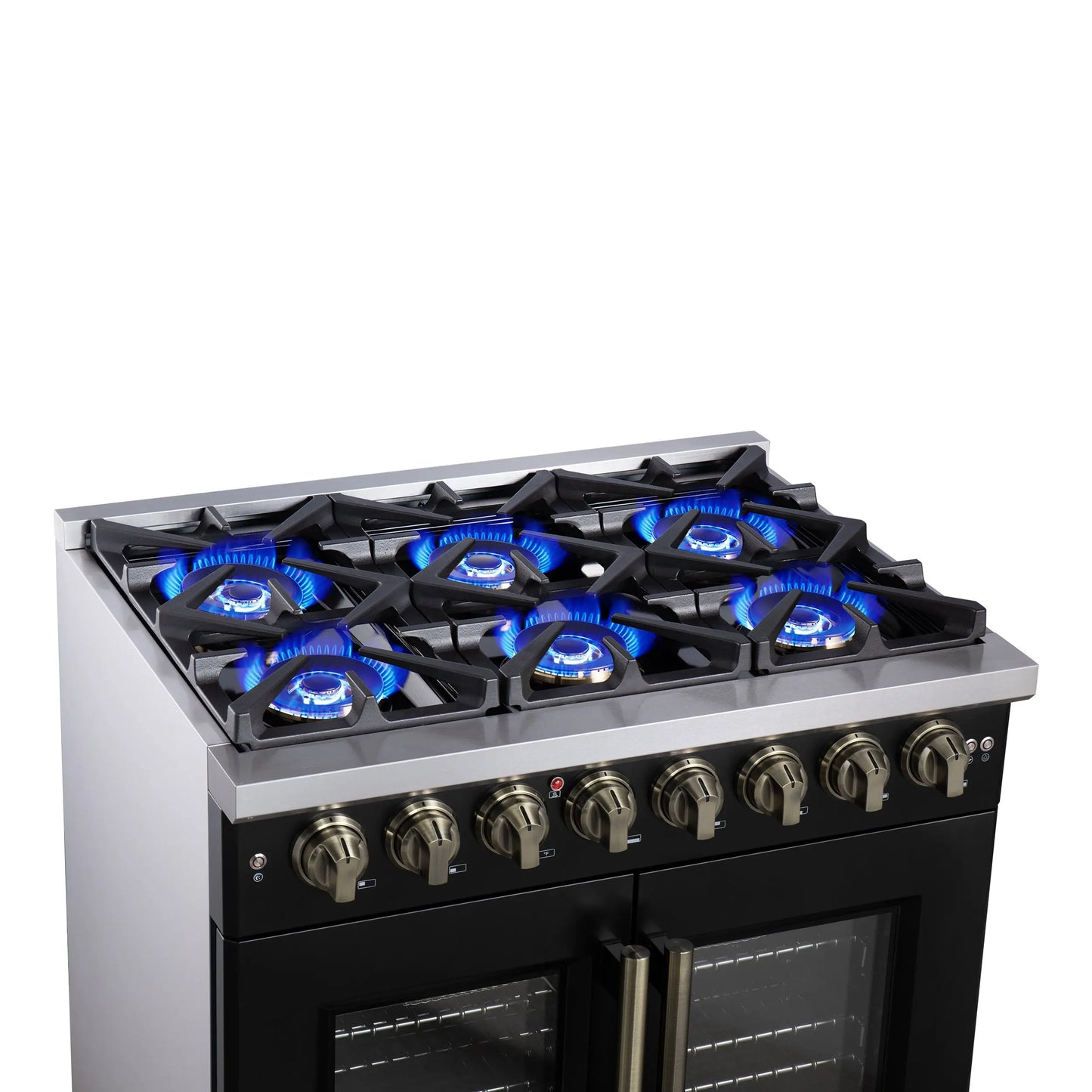 Forno Capriasca 36 Inch Freestanding French Door Dual Fuel Range in Black with Antique Brass Accessories, 6 Burners, True Convection Oven FORNO