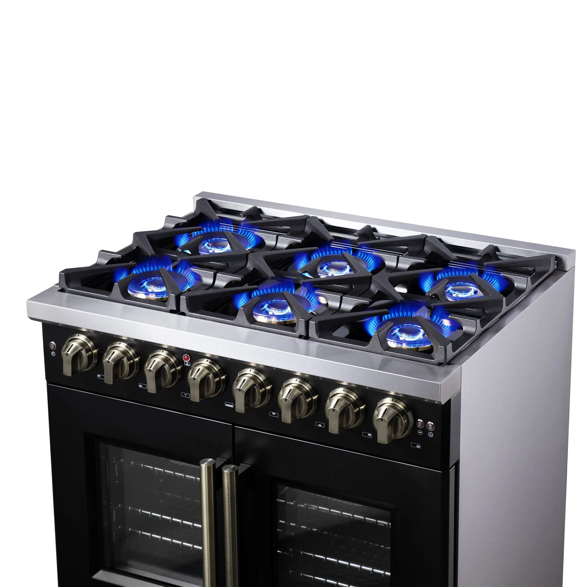 Forno Capriasca 36 Inch Freestanding French Door Dual Fuel Range in Black with Antique Brass Accessories, 6 Burners, True Convection Oven FORNO