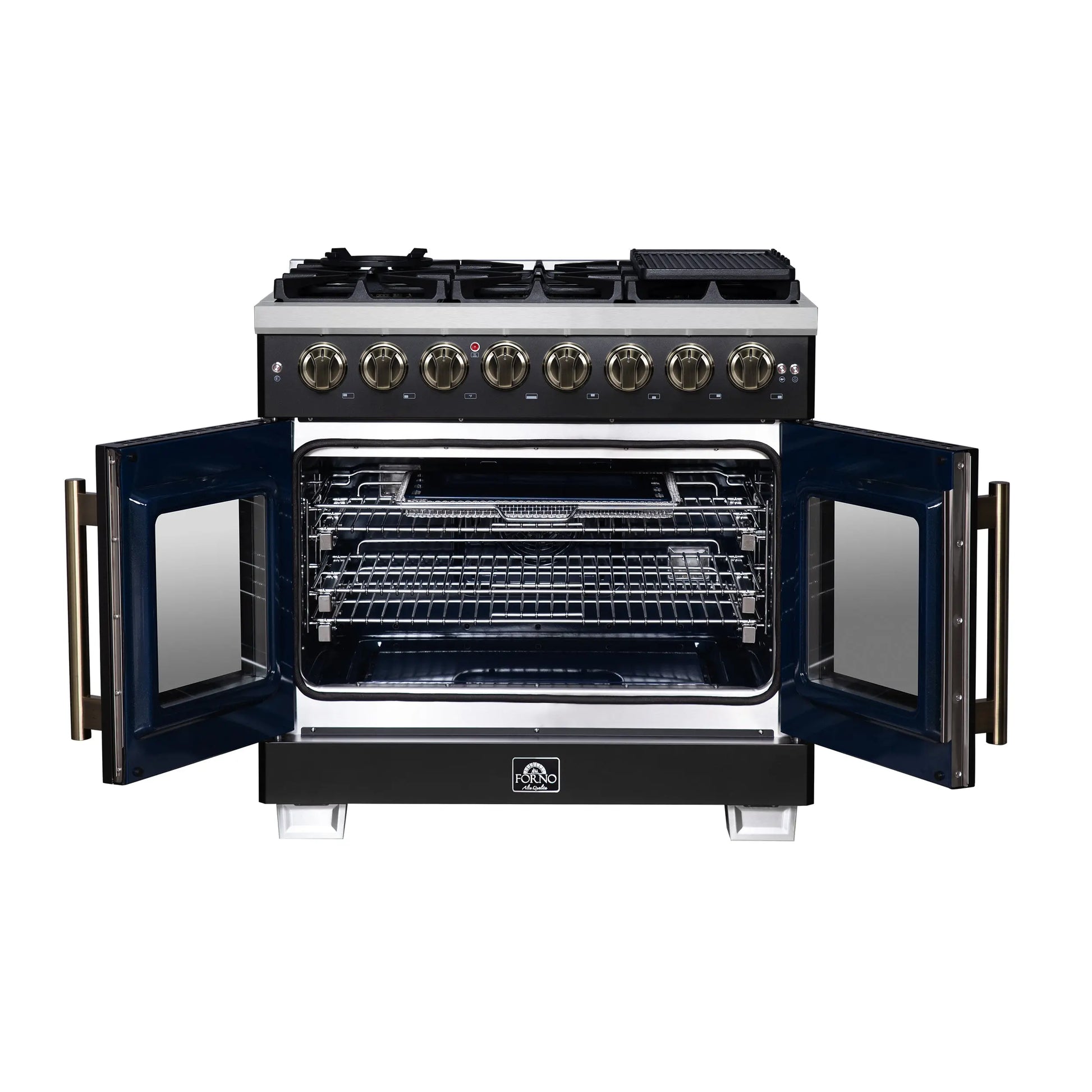 Forno Capriasca 36 Inch Freestanding French Door Dual Fuel Range in Black with Antique Brass Accessories, 6 Burners, True Convection Oven FORNO
