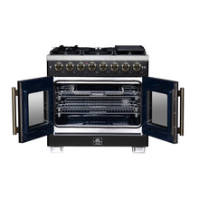 Forno Capriasca 36 Inch Freestanding French Door Dual Fuel Range in Black with Antique Brass Accessories, 6 Burners, True Convection Oven FORNO