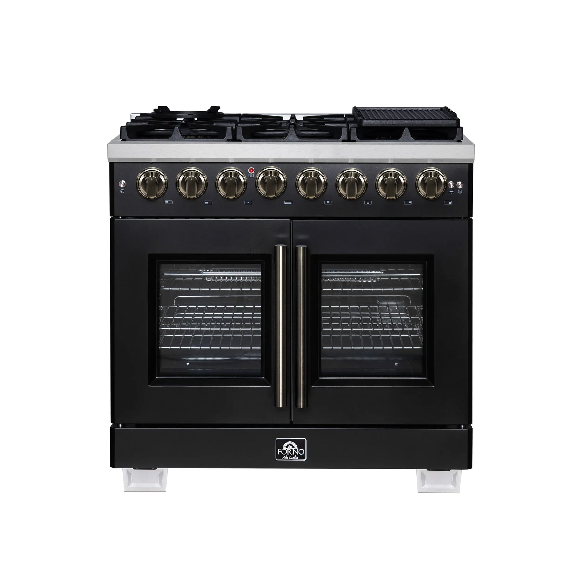 Forno Capriasca 36 Inch Freestanding French Door Dual Fuel Range in Black with Antique Brass Accessories, 6 Burners, True Convection Oven FORNO