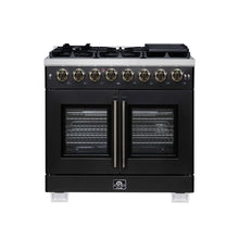 Forno Capriasca 36 Inch Freestanding French Door Dual Fuel Range in Black with Antique Brass Accessories, 6 Burners, True Convection Oven FORNO