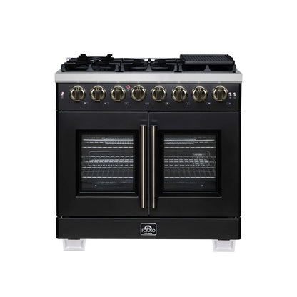 Forno Capriasca 36 Inch Freestanding French Door Dual Fuel Range in Black with Antique Brass Accessories, 6 Burners, True Convection Oven FORNO