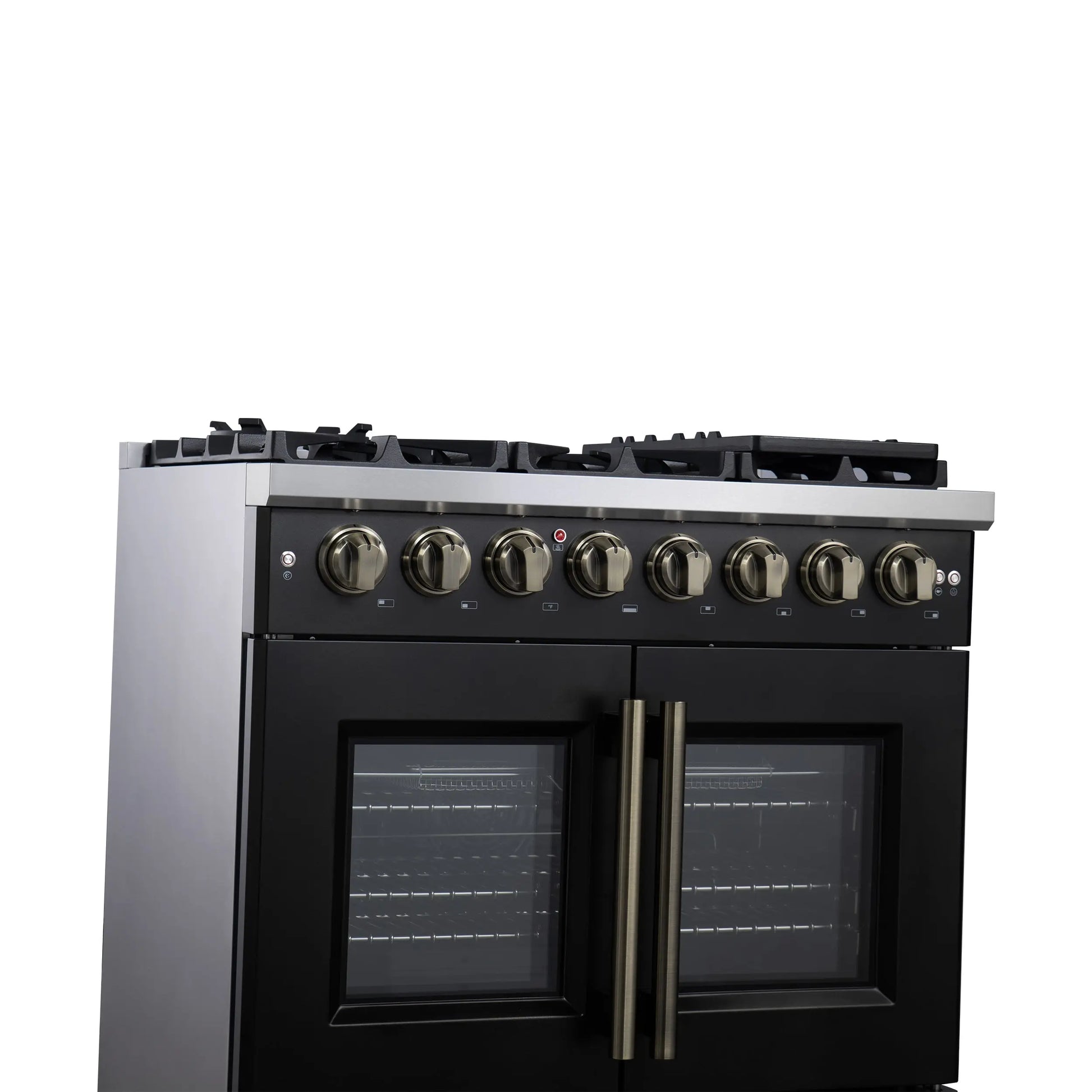 Forno Capriasca 36 Inch Freestanding French Door Dual Fuel Range in Black with Antique Brass Accessories, 6 Burners, True Convection Oven FORNO