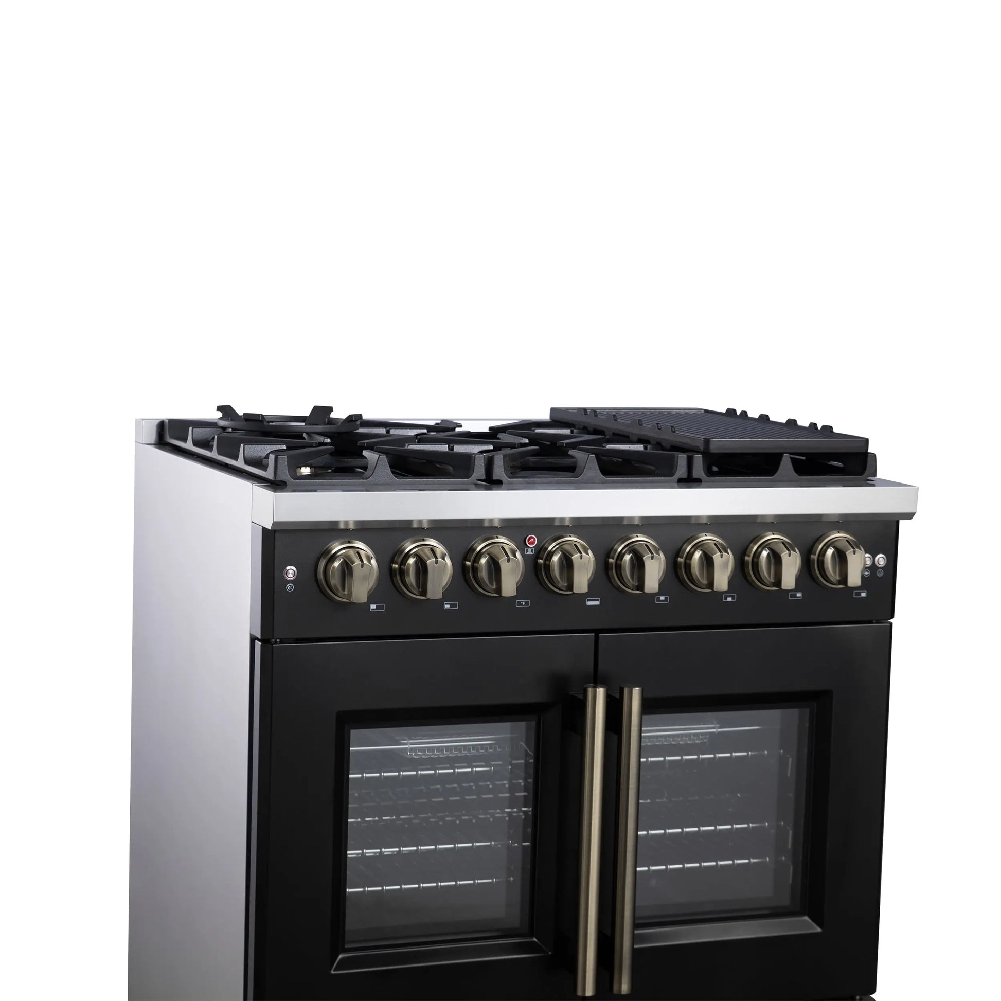 Forno Capriasca 36 Inch Freestanding French Door Dual Fuel Range in Black with Antique Brass Accessories, 6 Burners, True Convection Oven FORNO