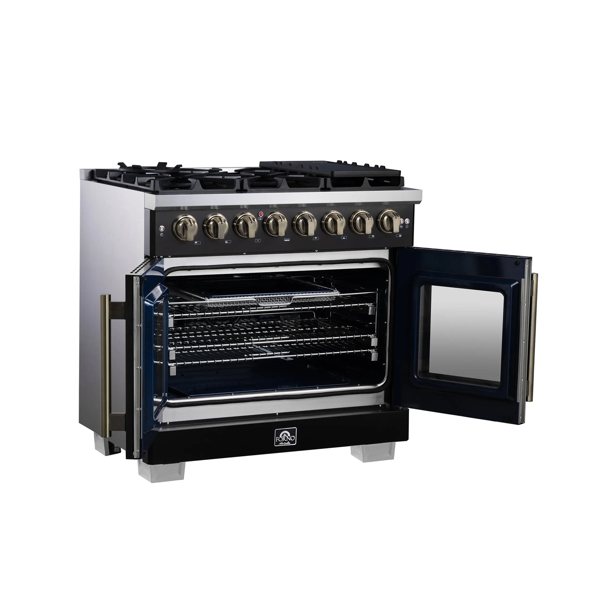Forno Capriasca 36 Inch Freestanding French Door Dual Fuel Range in Black with Antique Brass Accessories, 6 Burners, True Convection Oven FORNO