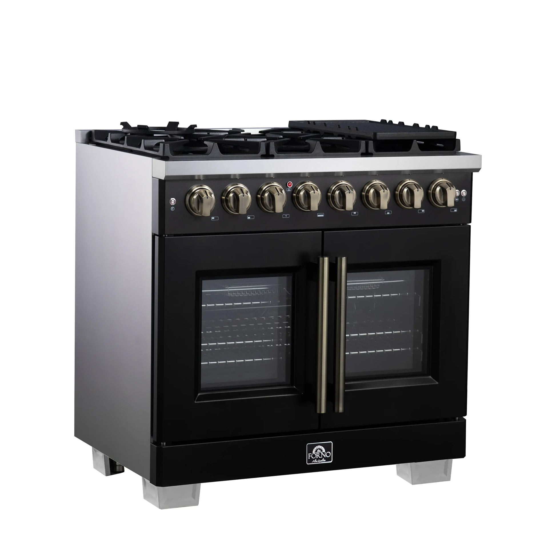 Forno Capriasca 36 Inch Freestanding French Door Dual Fuel Range in Black with Antique Brass Accessories, 6 Burners, True Convection Oven FORNO