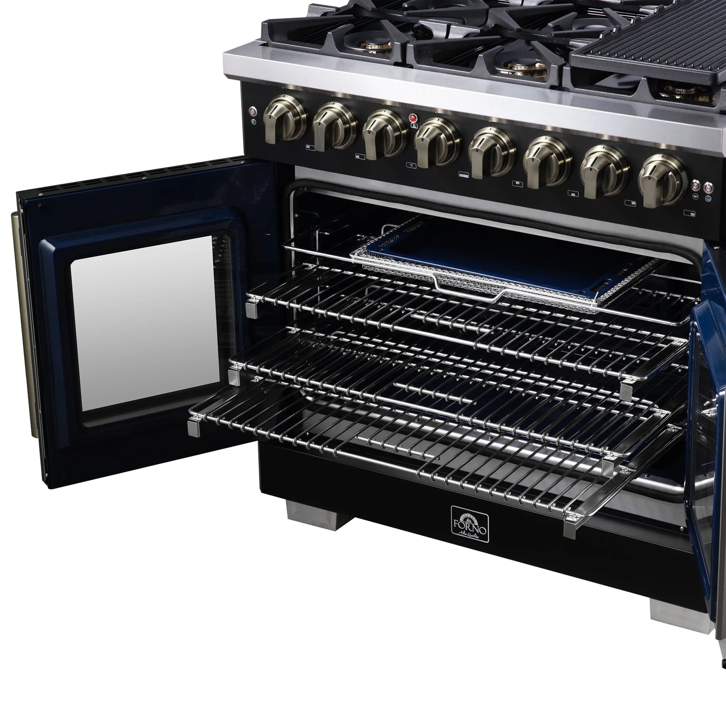 Forno Capriasca 36 Inch Freestanding French Door Dual Fuel Range in Black with Antique Brass Accessories, 6 Burners, True Convection Oven FORNO