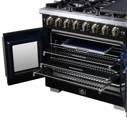 Forno Capriasca 36 Inch Freestanding French Door Dual Fuel Range in Black with Antique Brass Accessories, 6 Burners, True Convection Oven FORNO