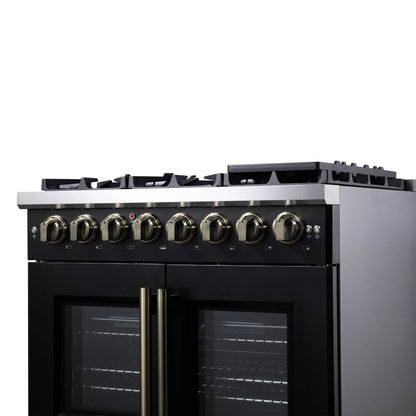 Forno Capriasca 36 Inch Freestanding French Door Dual Fuel Range in Black with Antique Brass Accessories, 6 Burners, True Convection Oven FORNO
