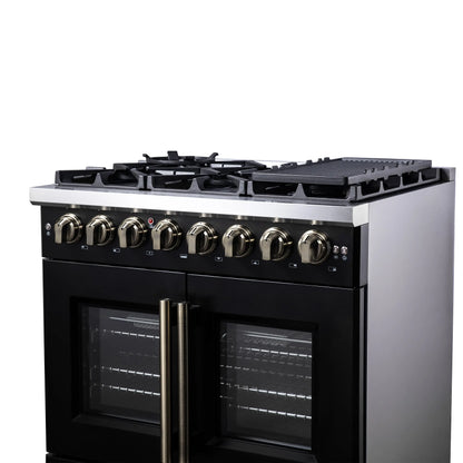 Forno Capriasca 36 Inch Freestanding French Door Dual Fuel Range in Black with Antique Brass Accessories, 6 Burners, True Convection Oven FORNO