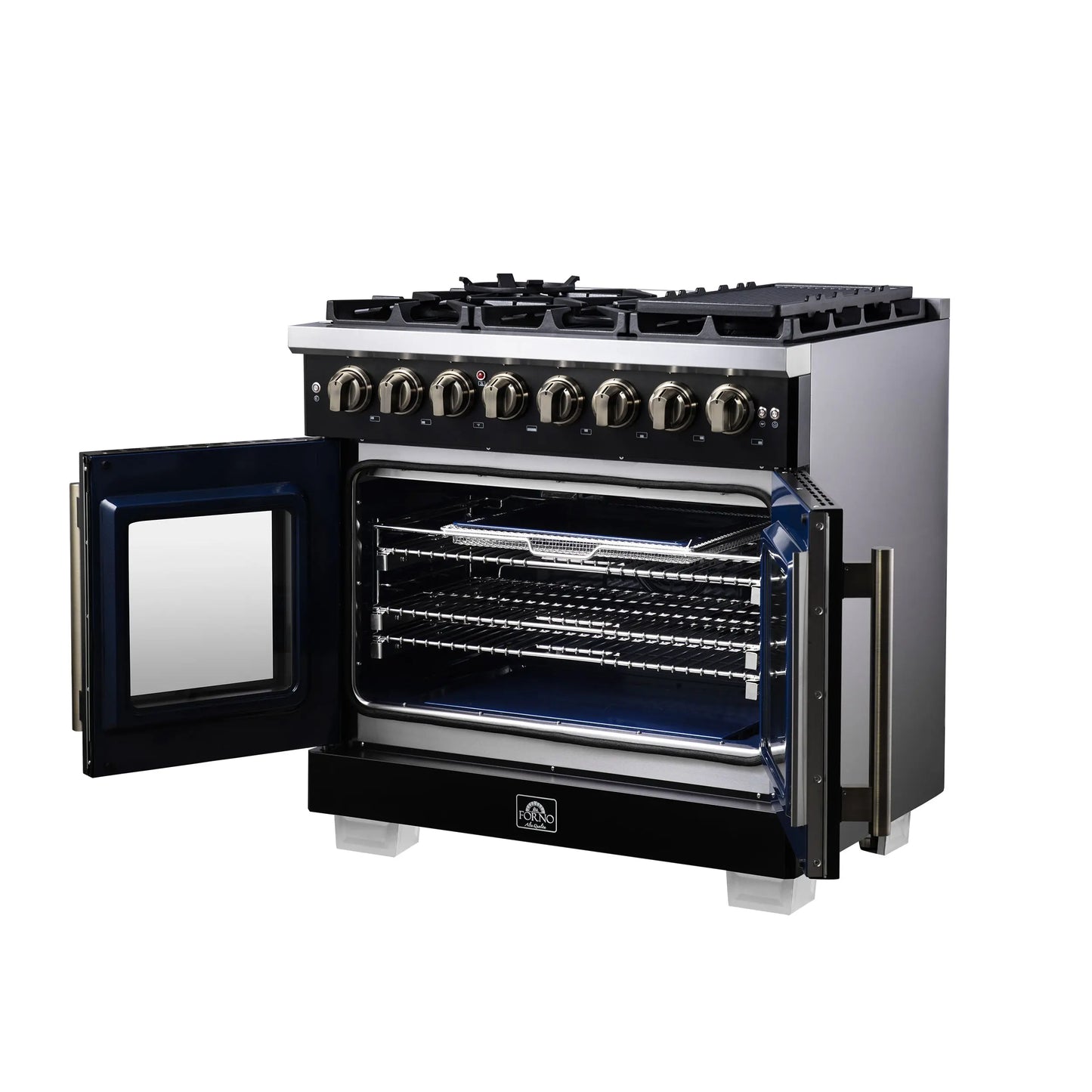 Forno Capriasca 36 Inch Freestanding French Door Dual Fuel Range in Black with Antique Brass Accessories, 6 Burners, True Convection Oven FORNO
