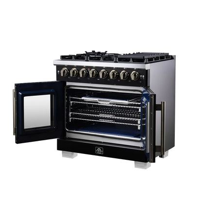 Forno Capriasca 36 Inch Freestanding French Door Dual Fuel Range in Black with Antique Brass Accessories, 6 Burners, True Convection Oven FORNO