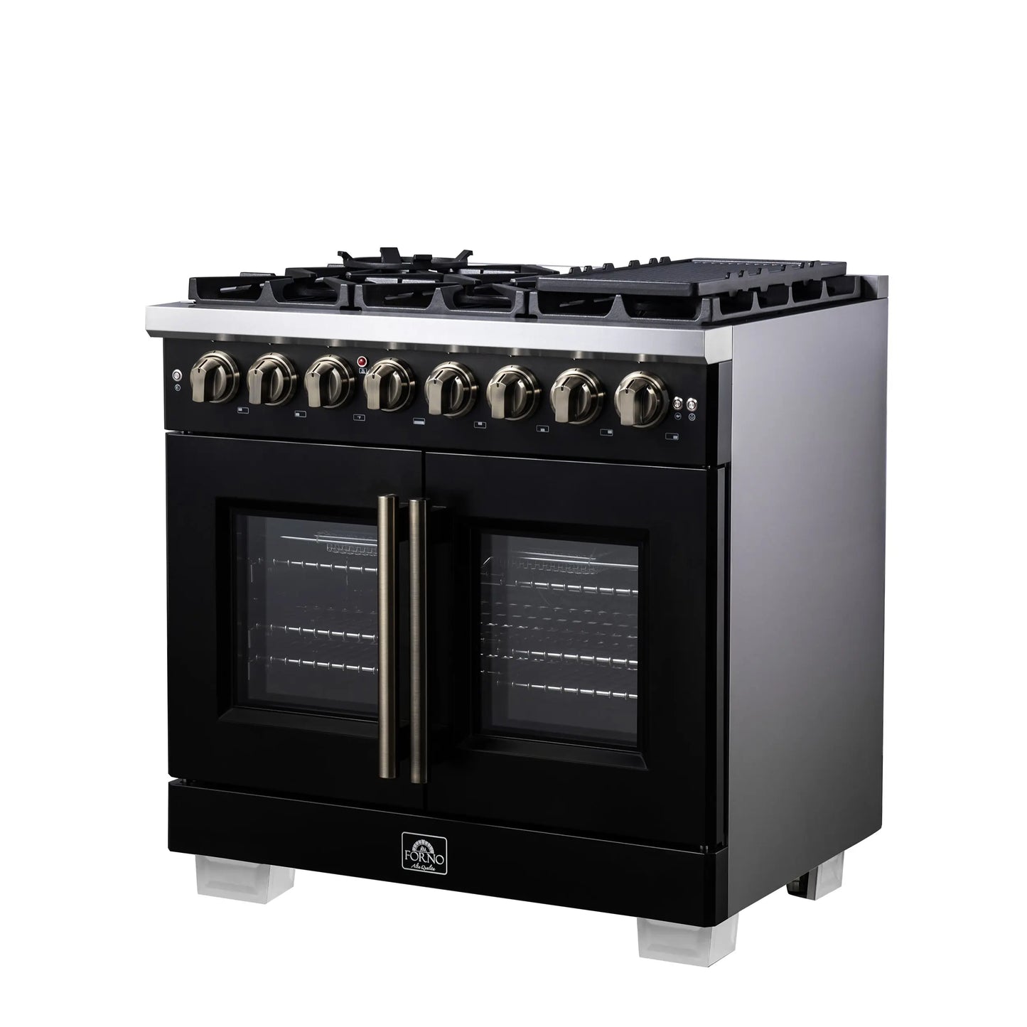 Forno Capriasca 36 Inch Freestanding French Door Dual Fuel Range in Black with Antique Brass Accessories, 6 Burners, True Convection Oven FORNO