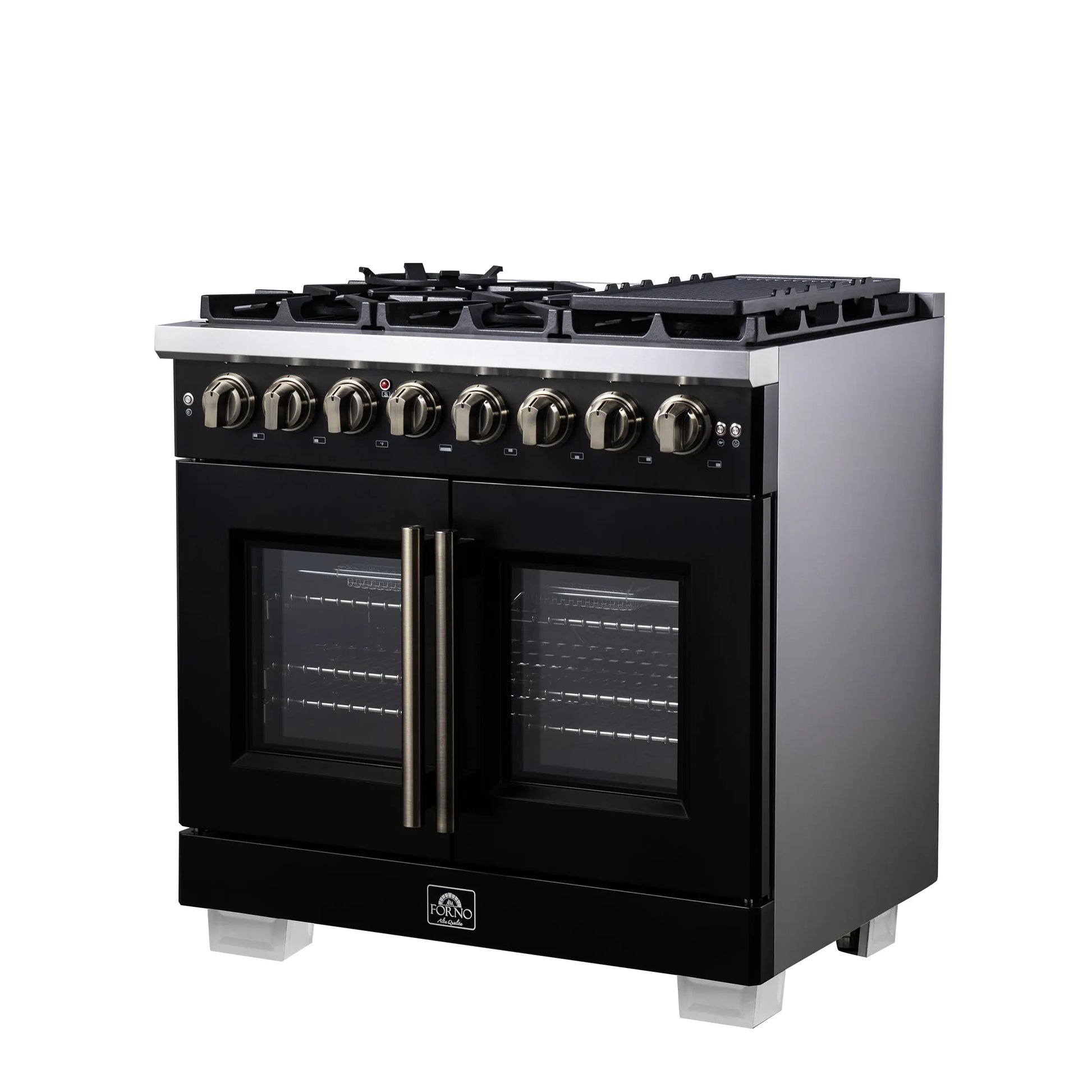 Forno Capriasca 36 Inch Freestanding French Door Dual Fuel Range in Black with Antique Brass Accessories, 6 Burners, True Convection Oven FORNO